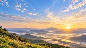 Peaceful sunrise over mountains and open sky representing the natural world and timeless wisdom featured on WooMyung.org.